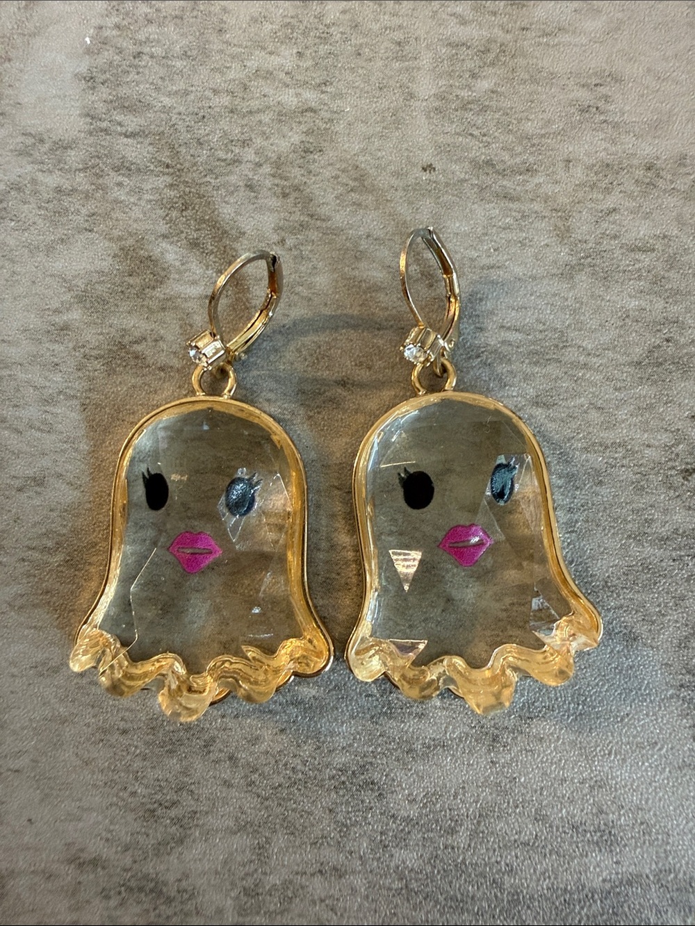 Gold-Trim Clear Ghost Drop Earrings with Pink Accent